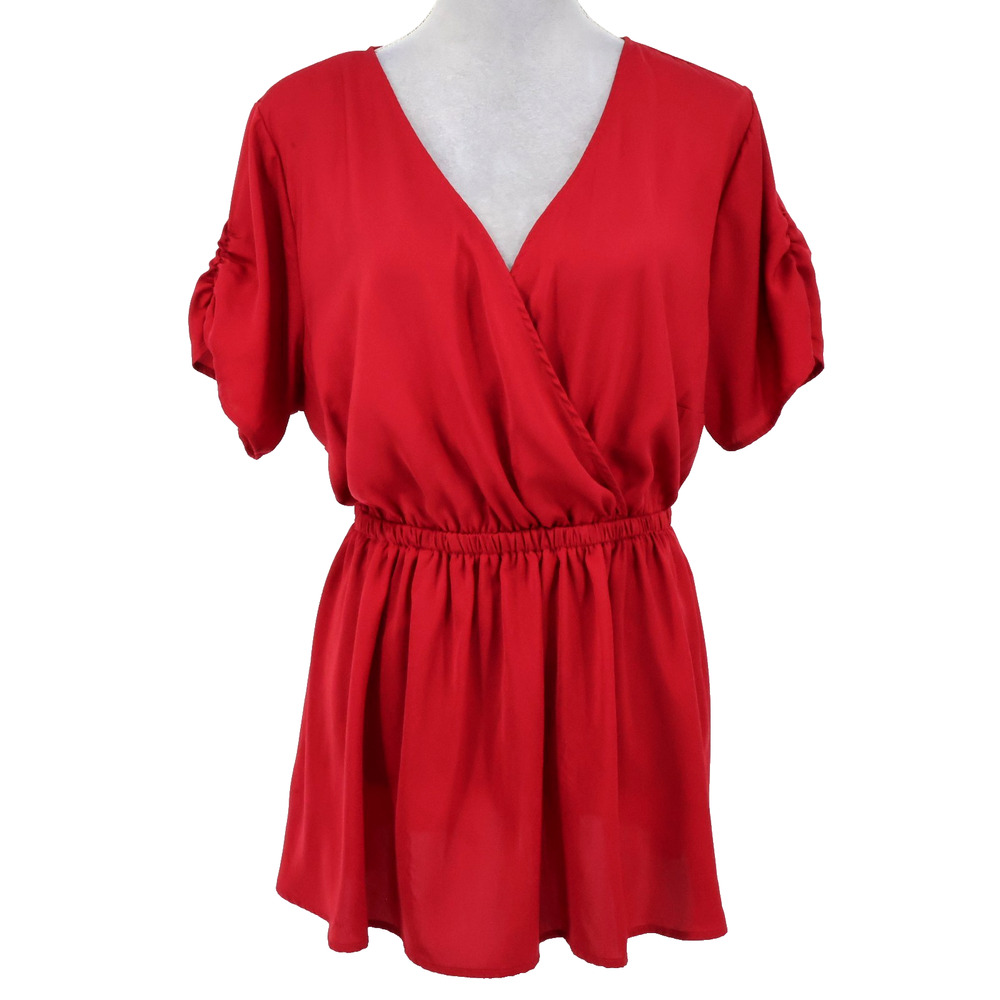 Torrid 1 Top Plus Size 1X Dark Red Elastic Waist Ruched Slvs Faux Wrap Preppy